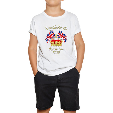 King Charles III Coronation 2023 United Kingdom Flags Royal Crown Ruling Monarch Of England CR III Kids T Shirt