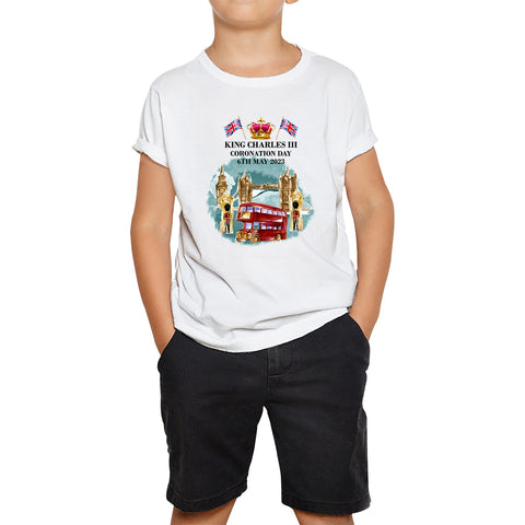 King Charles III Coronation Day 6th May 2023 Great Britain Big Ben Telephone Booth And Red Bus In London England Kids T Shirt