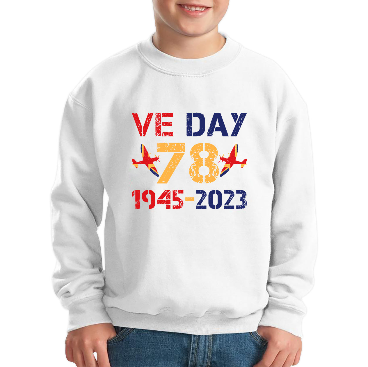 VE Day Victory In Europe Day 78th Anniversary 1945-2023 British Flag Veterans UK Victory Day World War II British Fighter Aircraft Kids Jumper