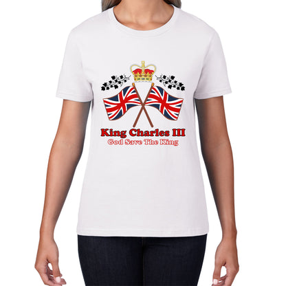 King Charles III Coronation God Save The King United Kingdom Flag Royal Crown CR III His Majesty Womens Tee Top