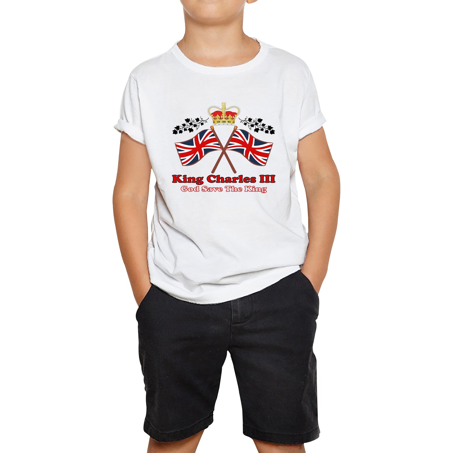 King Charles III Coronation God Save The King United Kingdom Flag Royal Crown CR III His Majesty Kids T Shirt