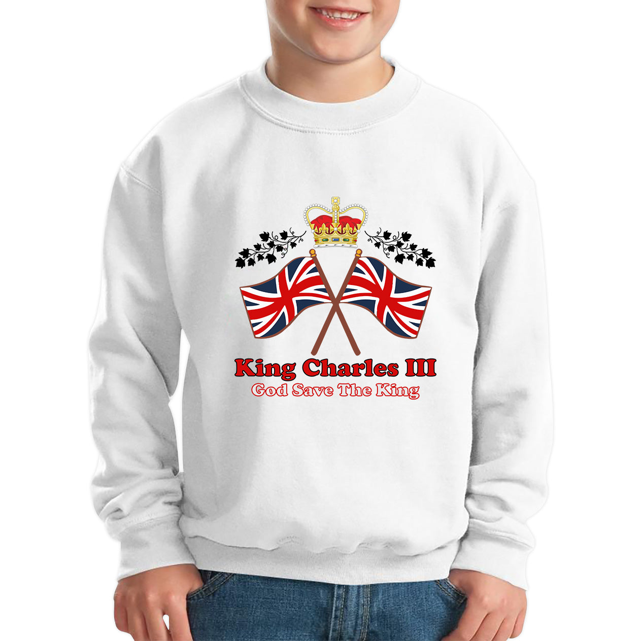 King Charles III Coronation God Save The King United Kingdom Flag Royal Crown CR III His Majesty Kids Jumper