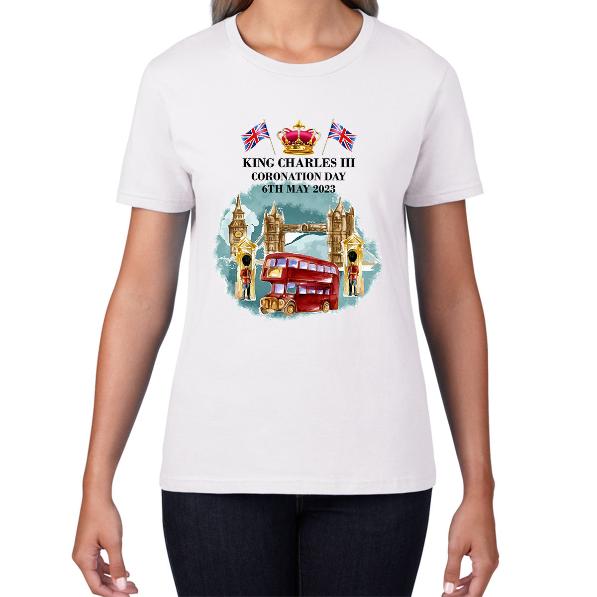 King Charles III Coronation Day 6th May 2023 Great Britain Big Ben Telephone Booth And Red Bus In London England Womens Tee Top