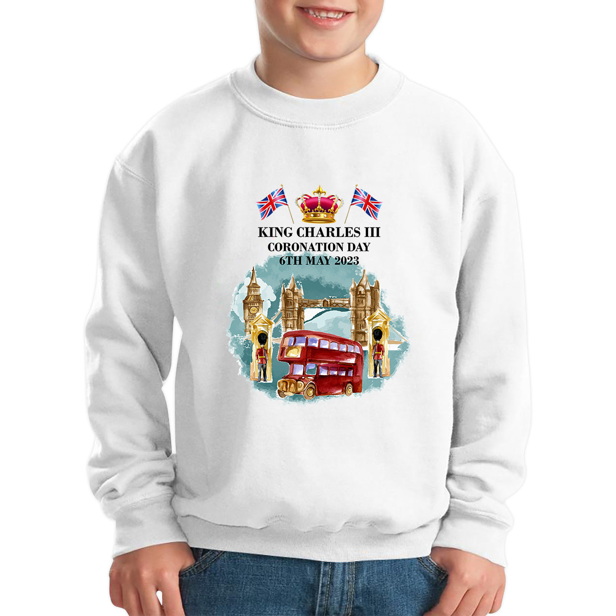 King Charles III Coronation Day 6th May 2023 Great Britain Big Ben Telephone Booth And Red Bus In London England Kids Jumper