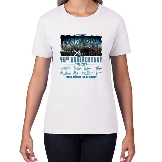 Disney Star Wars Day 46th Anniversary 1977-2023 The Mandalorian Characters Signatures Thank You For The Memories Womens Tee Top