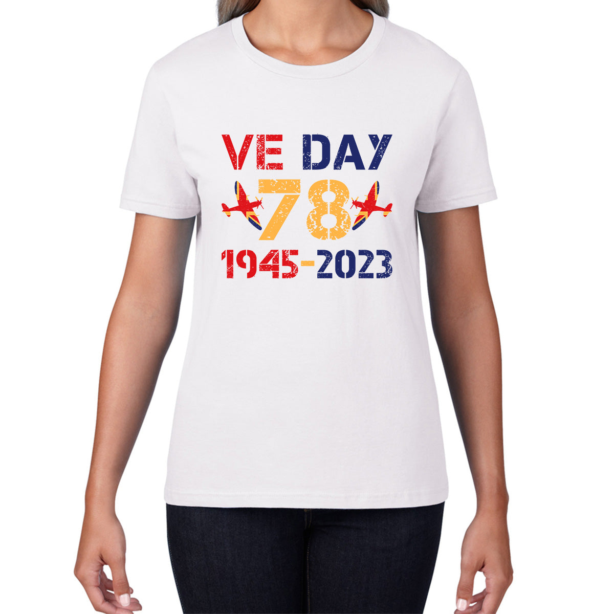 VE Day Victory In Europe Day 78th Anniversary 1945-2023 British Flag Veterans UK Victory Day World War II British Fighter Aircraft Womens Tee Top