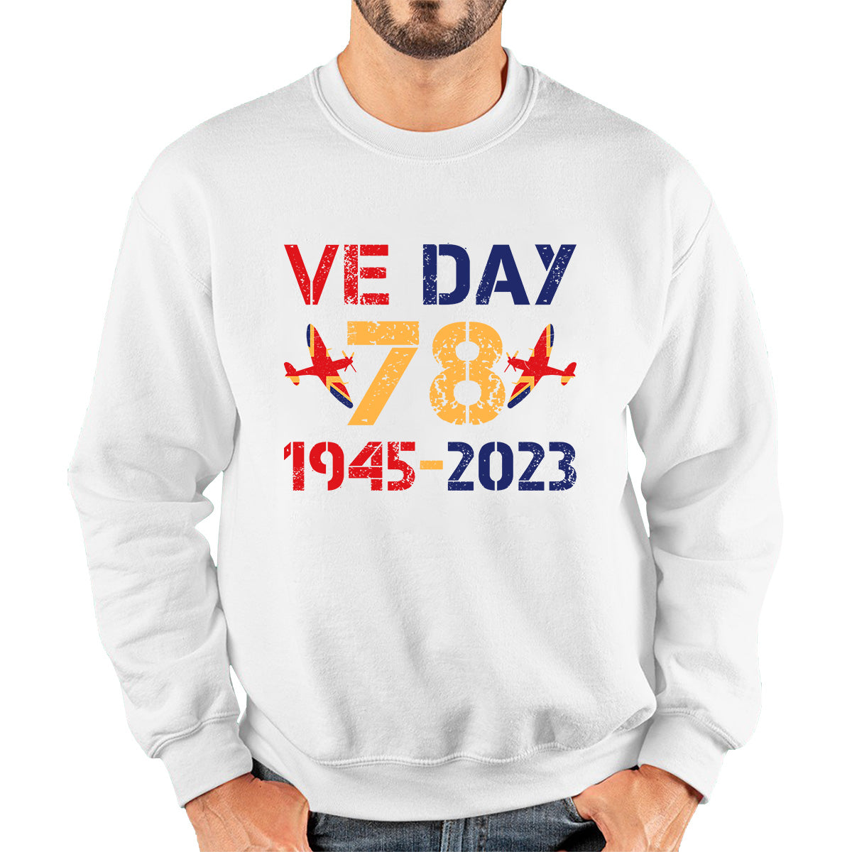 VE Day Victory In Europe Day 78th Anniversary 1945-2023 British Flag Veterans UK Victory Day World War II British Fighter Aircraft Unisex Sweatshirt