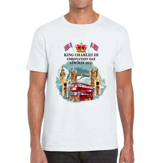 King Charles III Coronation Day 6th May 2023 Great Britain Big Ben Telephone Booth And Red Bus In London England Mens Tee Top