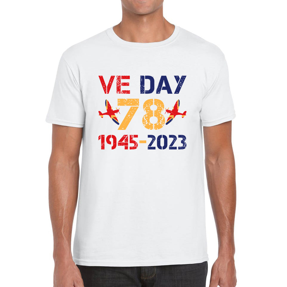 VE Day Victory In Europe Day 78th Anniversary 1945-2023 British Flag Veterans UK Victory Day World War II British Fighter Aircraft Mens Tee Top