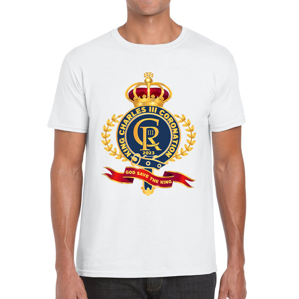 King Charles III Coronation 2023 CR III God Save The King Royal Crown United Kingdom Ruling Monarch Mens Tee Top