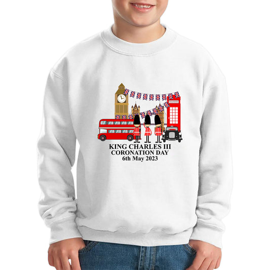 King Charles III Coronation Day 6th May 2023 Great Britain Big Ben Tower Telephone Booth And Red Bus London England Flag Kids Jumper