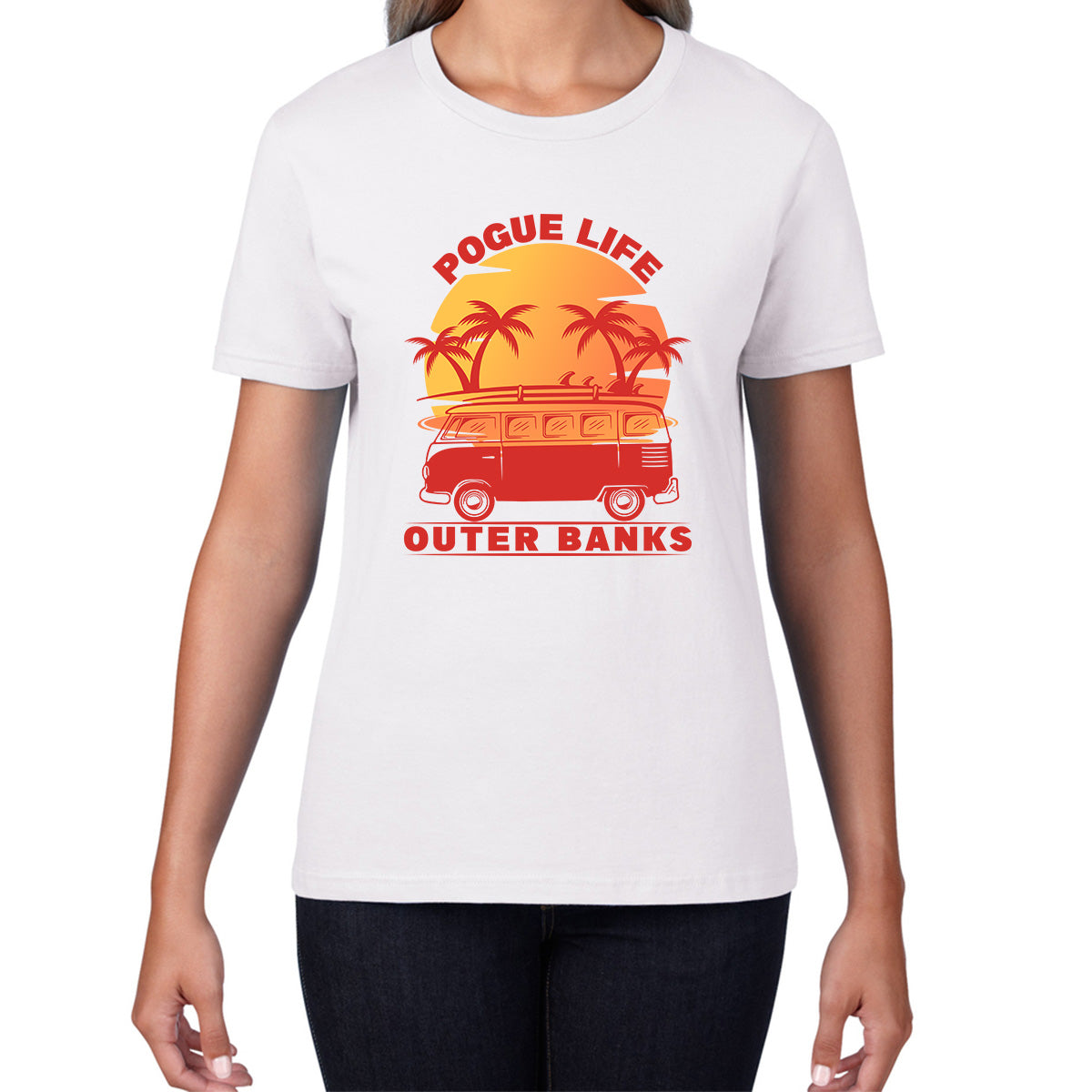 Outer Banks Pogue Life  Beach Surf Van Vintage Retro Beach Sunset Surfing TV Series JJ Maybank OBX Fans Outer Banks Show Womens Tee Top