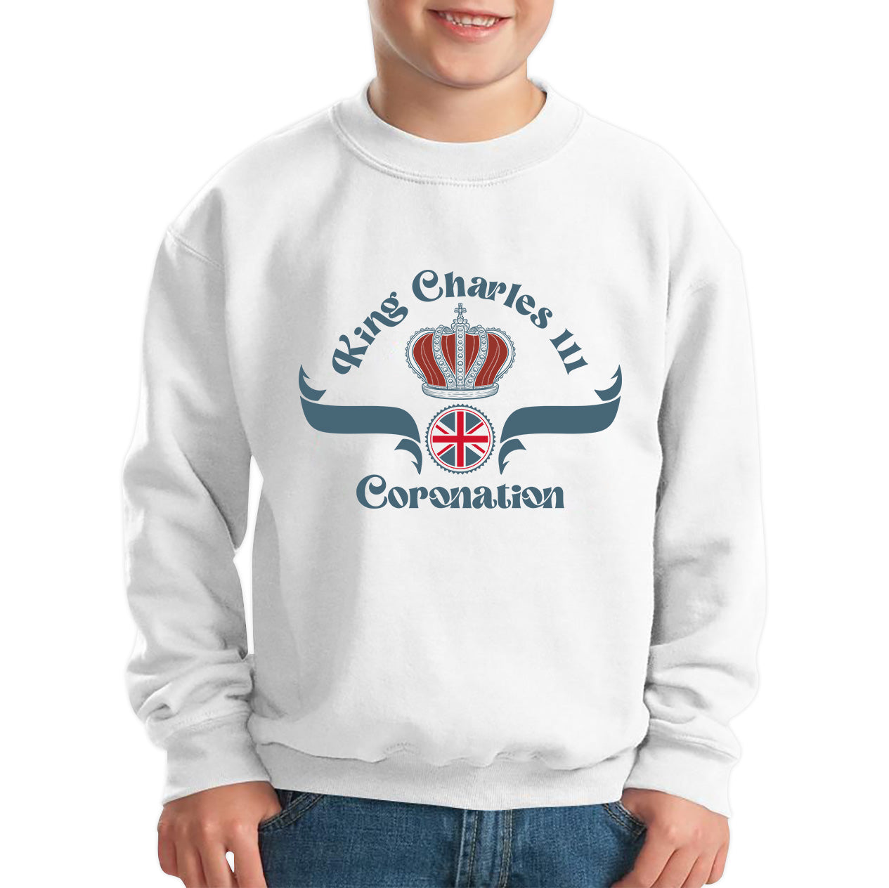 King Charles III Coronation Royal Crown CR III His Majesty Union Jack God Save The King Uk Flag Kids Jumper