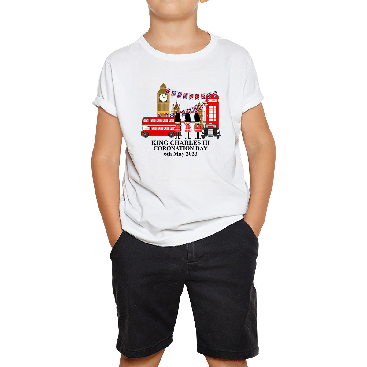 King Charles III Coronation Day 6th May 2023 Great Britain Big Ben Tower Telephone Booth And Red Bus London England Flag Kids T Shirt