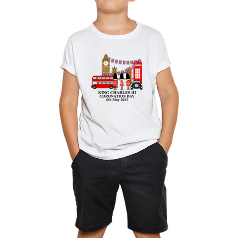 King Charles III Coronation Day 6th May 2023 Great Britain Big Ben Tower Telephone Booth And Red Bus London England Flag Kids T Shirt
