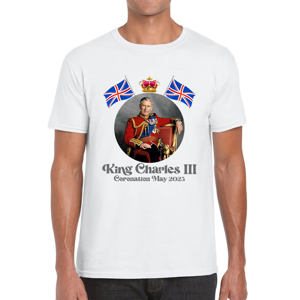 King Charles III 6th May 2023 Coronation British Flags Royal Crown CR III Union Jack His Majesty Mens Tee Top