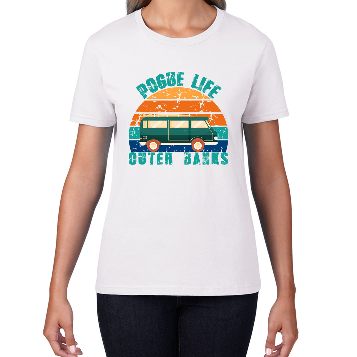 Pogue Life Outer Banks  Beach Surf Van Vintage Retro Surfing TV Series JJ Maybank Outer Banks Show OBX Fans Womens Tee Top