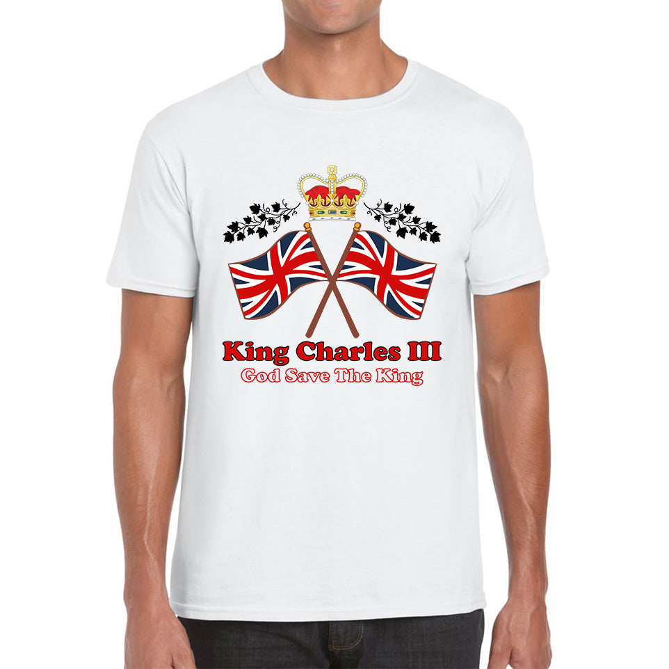 King Charles III Coronation God Save The King United Kingdom Flag Royal Crown CR III His Majesty Mens Tee Top