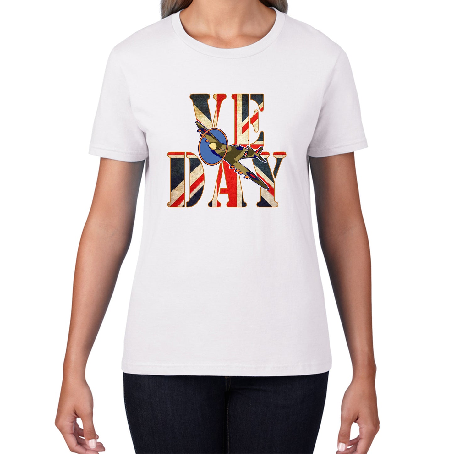 VE Day Victory In Europe Day Remembrance Day British Flag Veterans UK Victory Day 78th Anniversary World War II British Fighter Airplane Womens Tee Top