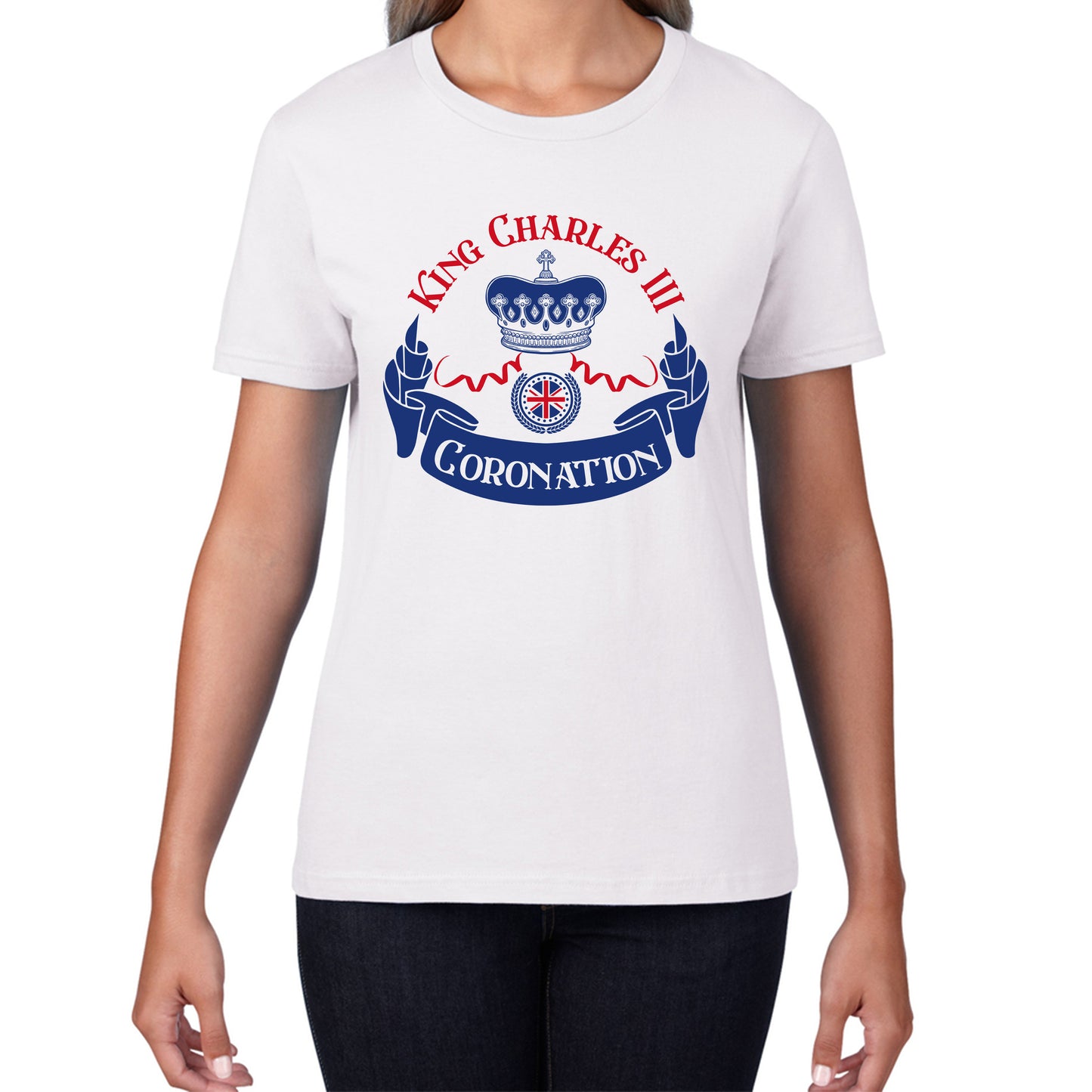 King Charles III Coronation Royal Crown CR III God Save The King Union Jack His Majesty Womens Tee Top