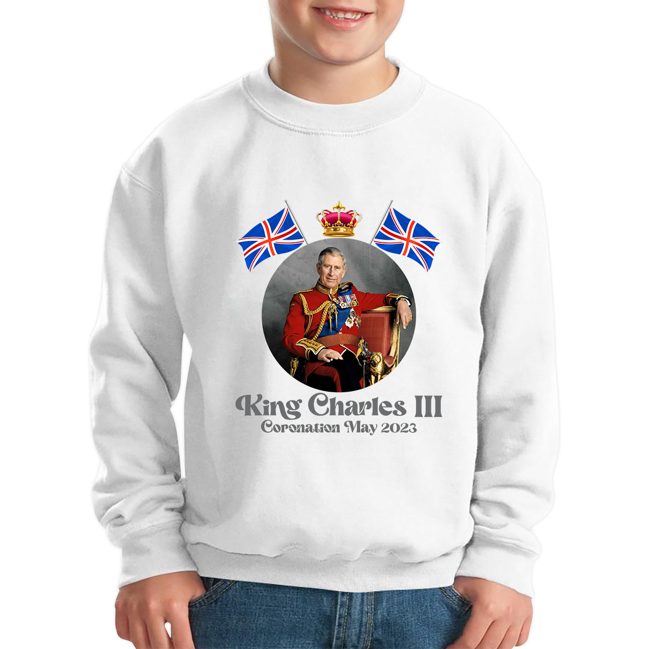 King Charles III 6th May 2023 Coronation British Flags Royal Crown CR III Union Jack His Majesty Kids Jumper