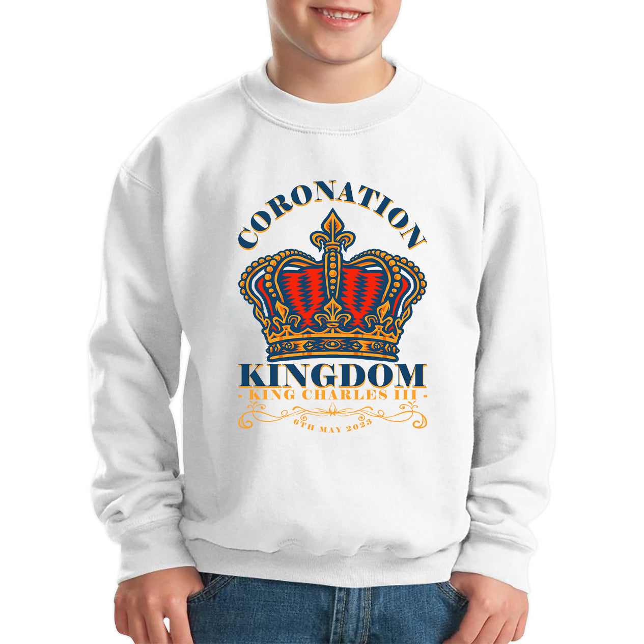 Coronation Kingdom King Charles III 6th May 2023  Royal Crown CR III His Majesty Union Jack Kids Jumper