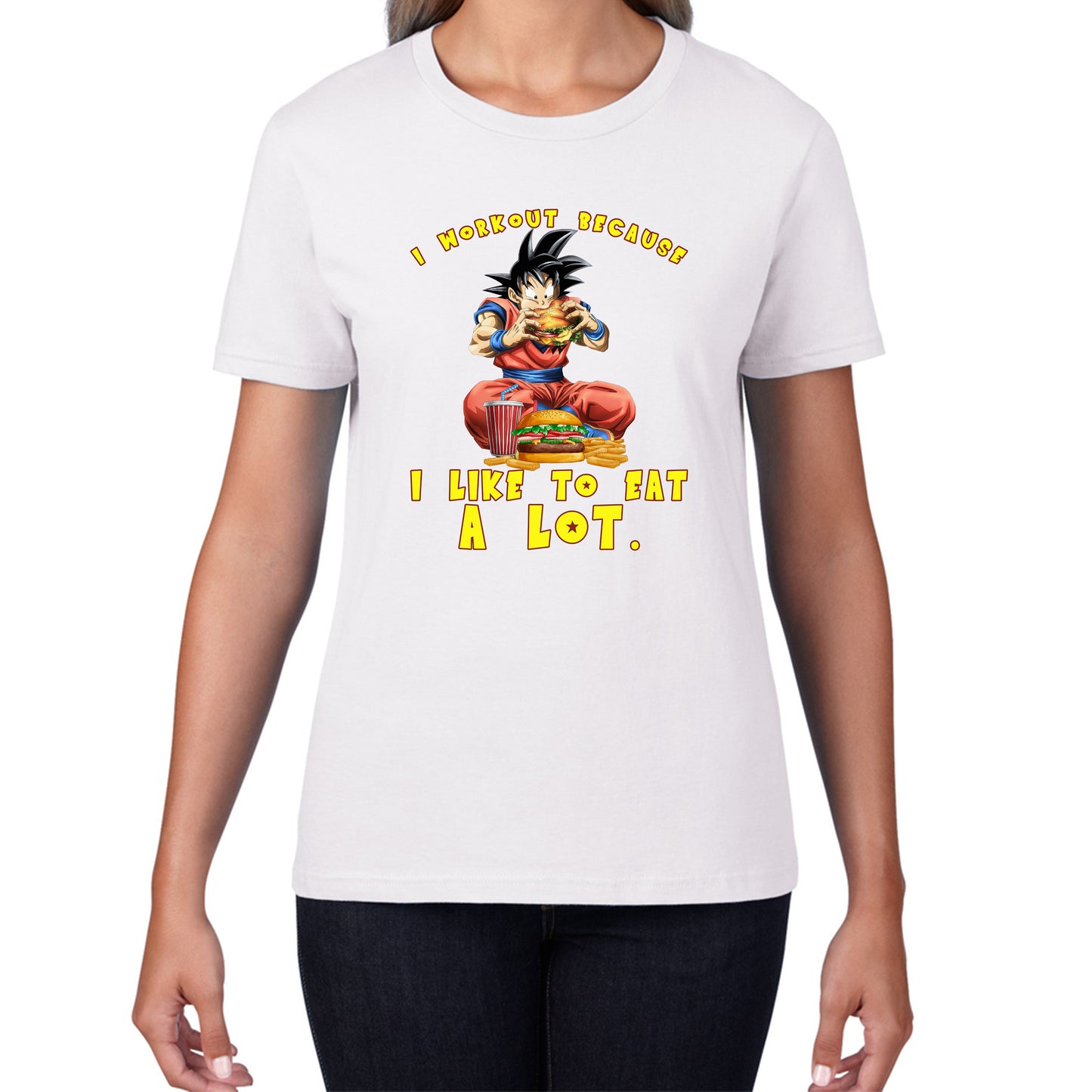 I Workout Because I Like To Eat A Lot Goku Eating A Hamburger Dragon Ball Anime Gym Bodybuilding Workout Womens Tee Top