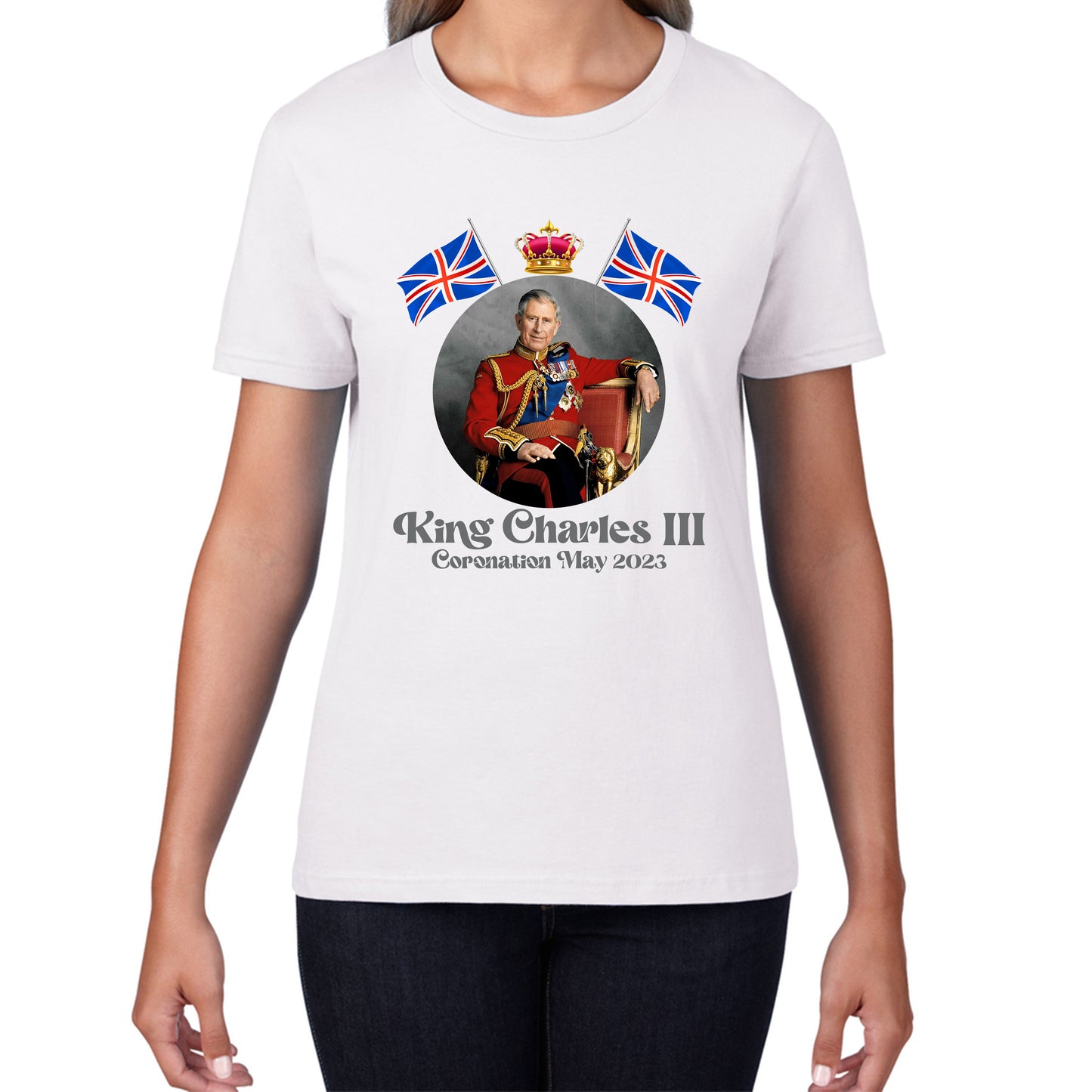 King Charles III 6th May 2023 Coronation British Flags Royal Crown CR III Union Jack His Majesty Womens Tee Top