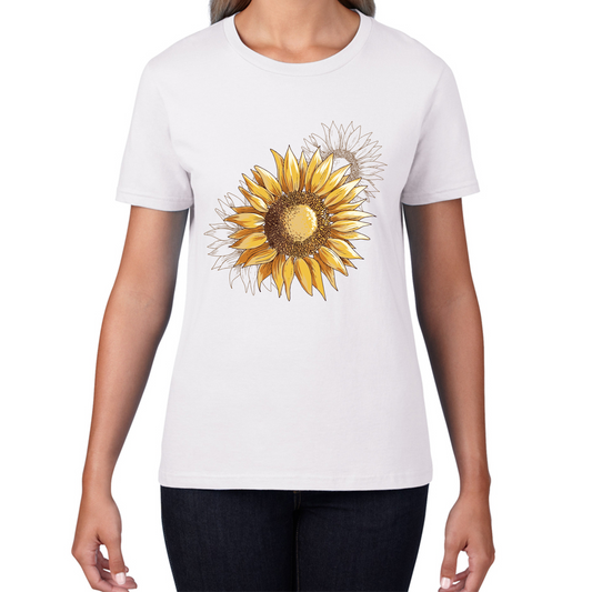 Sunflower Sketch Blooming Flowers Garden Floral Art Gardening Ladies T Shirt