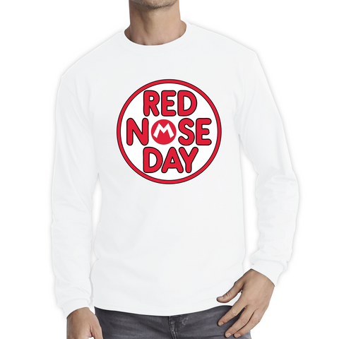 Super Mario Red Nose Day Adult Long Sleeve T Shirt. 50% Goes To Charity