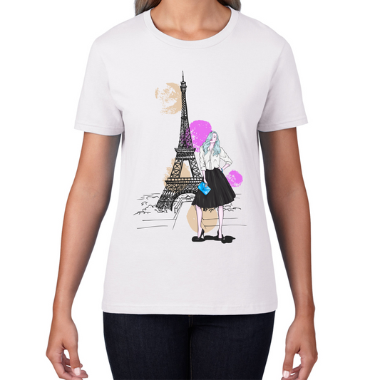 Beautiful Girl In Paris T-shirt Eiffel Tower Travel Queen Lady Womens Tee Top