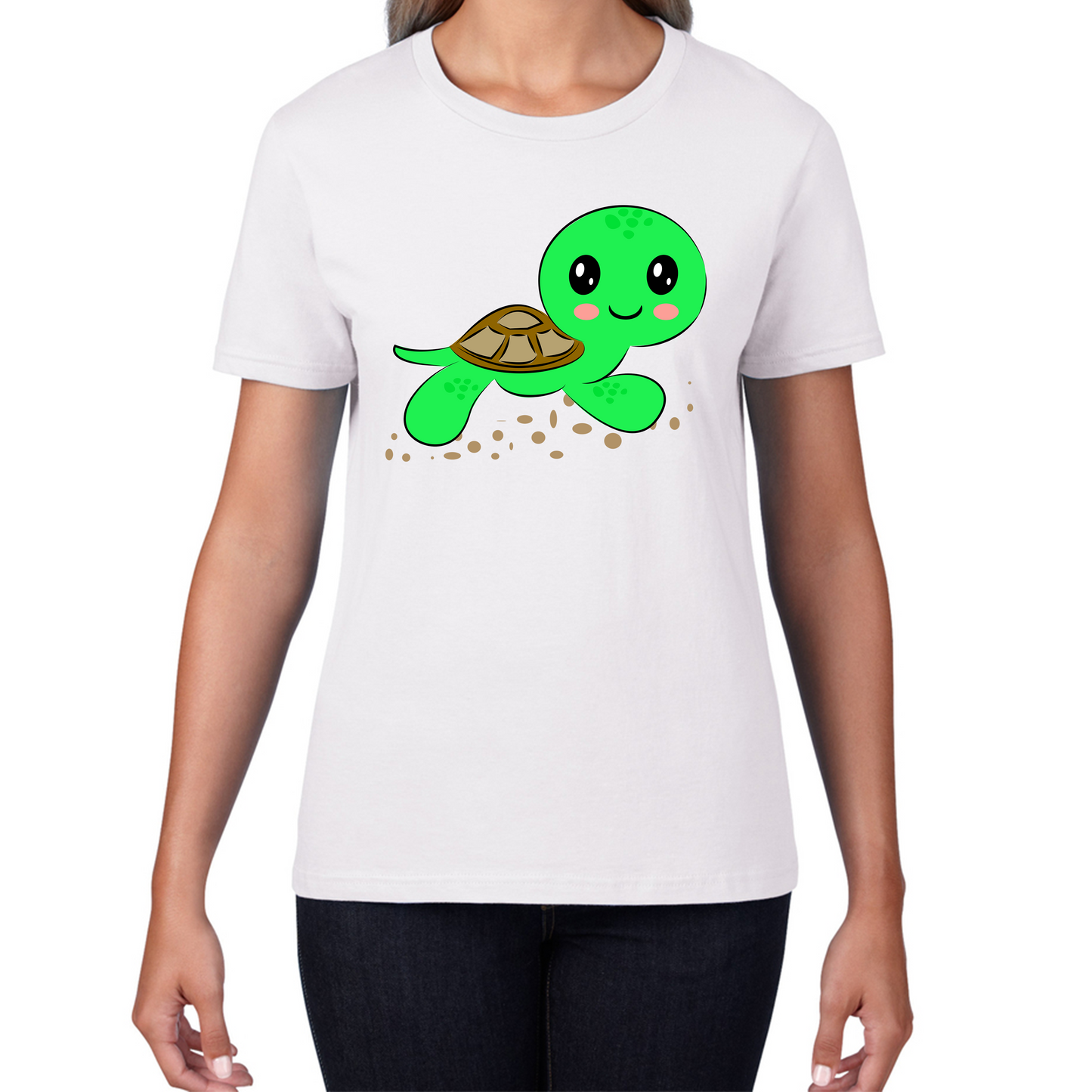 Swimming Cartoon Turtle, Funny Cute Little Sea Turtle Womens Tee Top