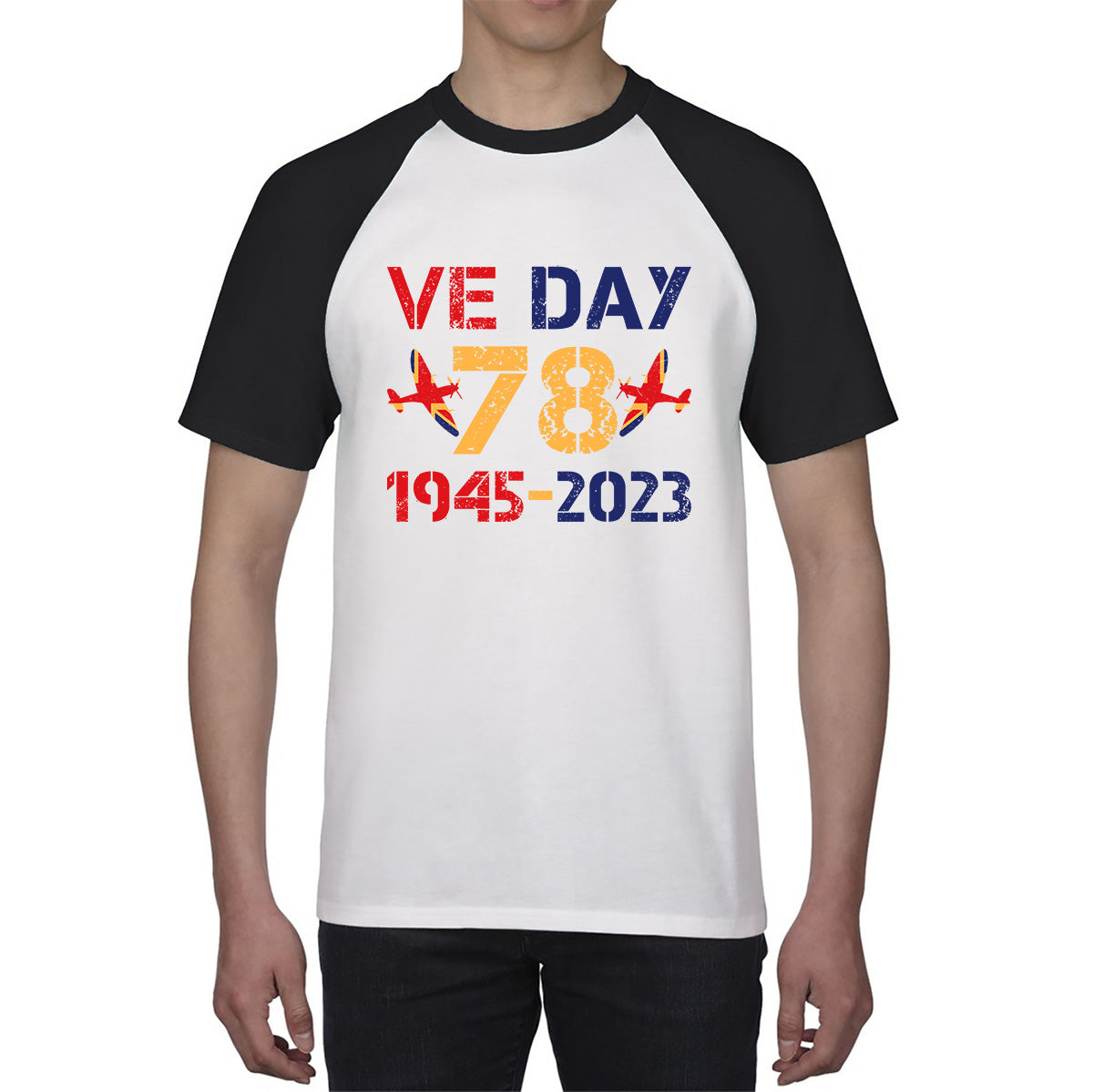 VE Day Victory In Europe Day 78th Anniversary 1945-2023 British Flag Veterans UK Victory Day World War II British Fighter Aircraft Baseball T Shirt