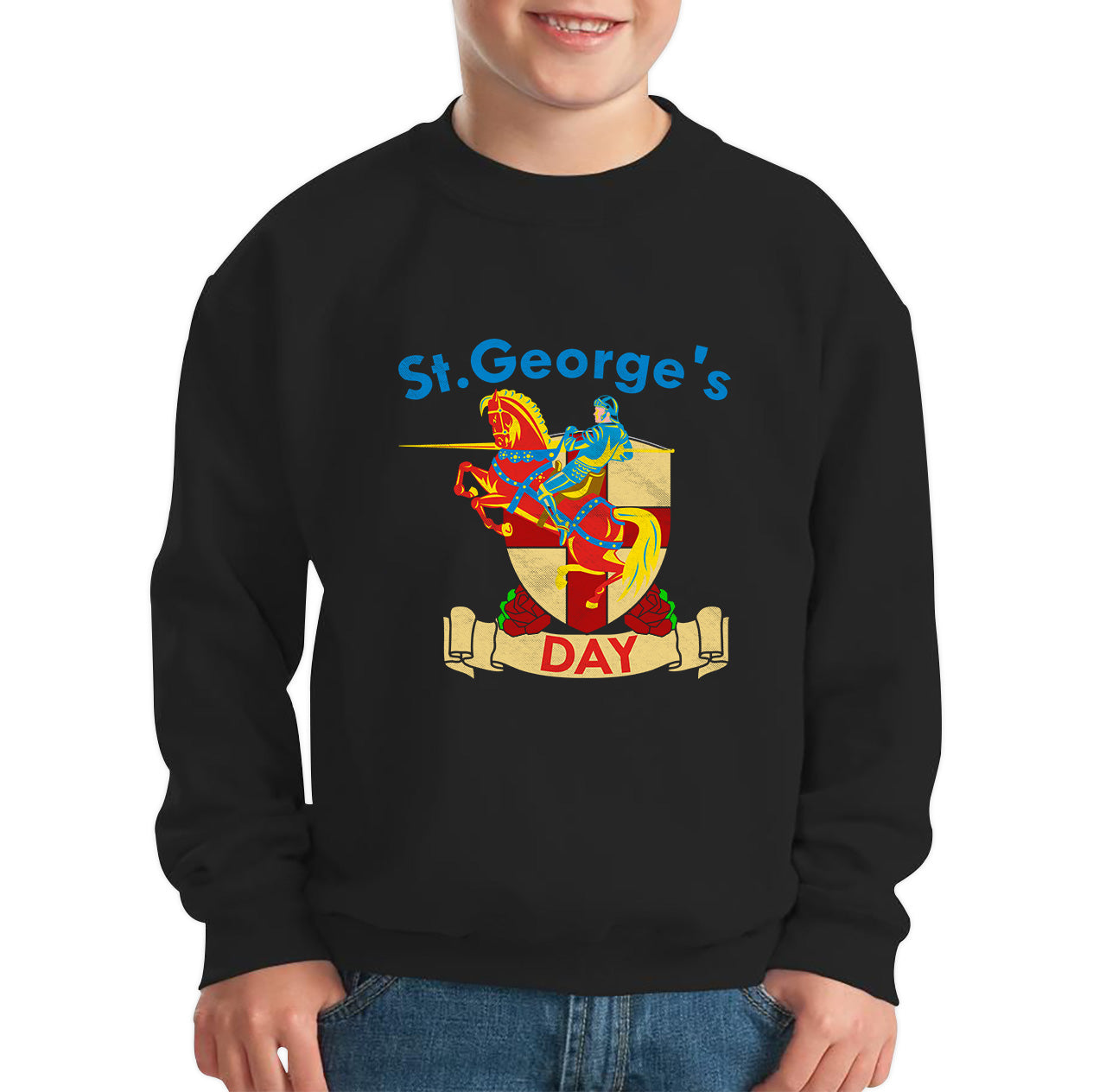 St George's Day England Red Flag Shield Knight Templar Riding His Rearing Horse London Saint George Day Warrior Fighter Patriotic Kids Jumper