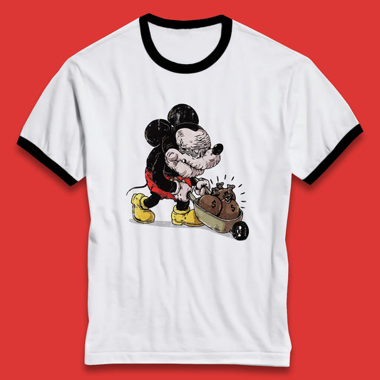 Disney Famous Oldies Mickey Mouse Pull Wheelbarrow Full Of Money Bags Cartoon Character Disney World Ringer T Shirt