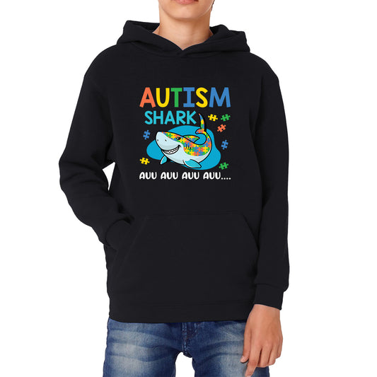 Autism Shark Auu Auu Auu Autism Awareness Month Autistic Support Puzzle Piece Kids Hoodie