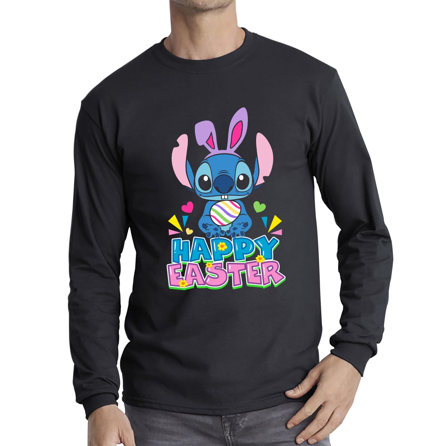 Happy Easter Stitch Bunny Holding Easter Eggs Cute Cartoon Lilo & Stitch Easter Bunny Spoof Egg Hunt Long Sleeve T Shirt