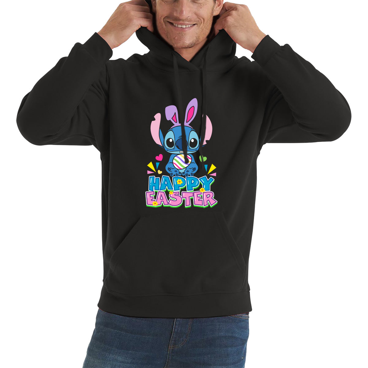 Happy Easter Stitch Bunny Holding Easter Eggs Cute Cartoon Lilo & Stitch Easter Bunny Spoof Egg Hunt Unisex Hoodie