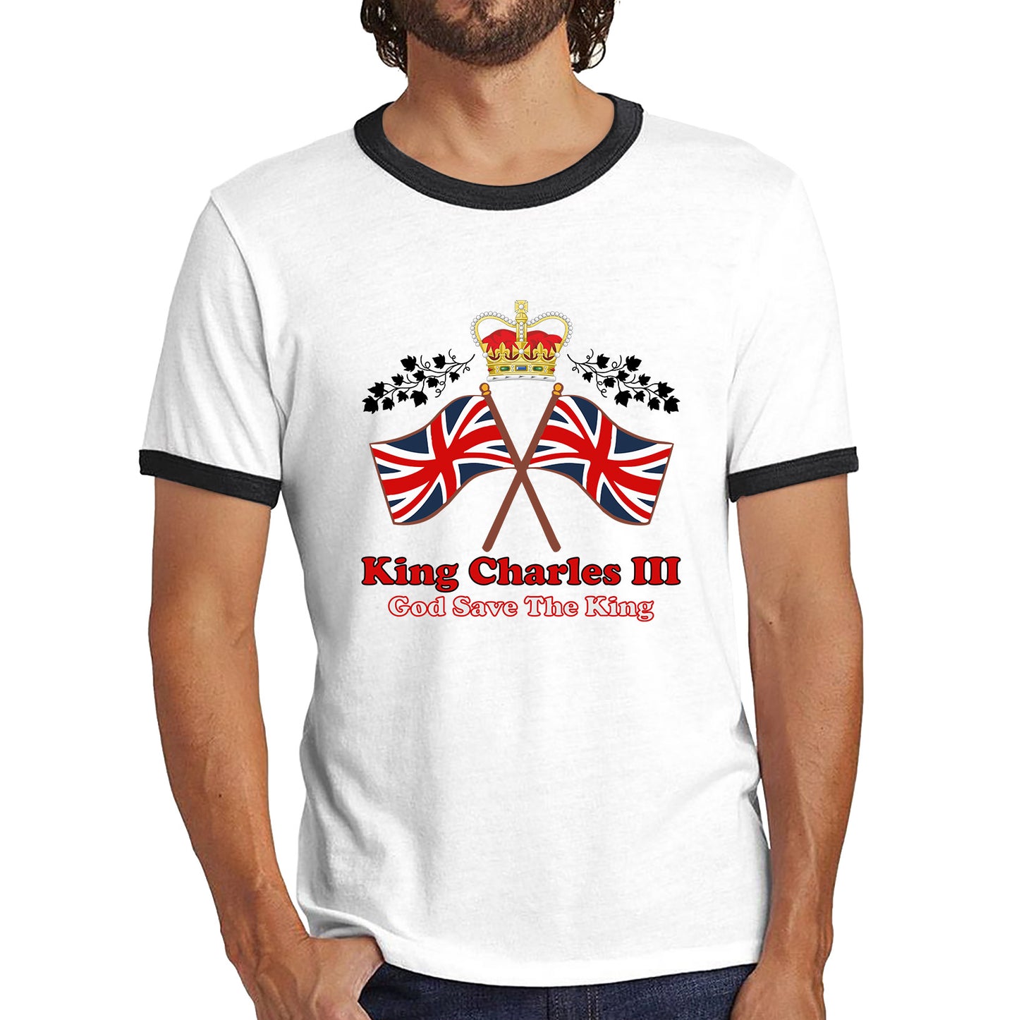 King Charles III Coronation God Save The King United Kingdom Flag Royal Crown CR III His Majesty Ringer T Shirt