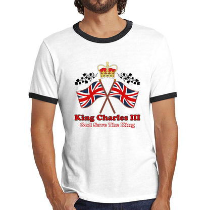 King Charles III Coronation God Save The King United Kingdom Flag Royal Crown CR III His Majesty Ringer T Shirt