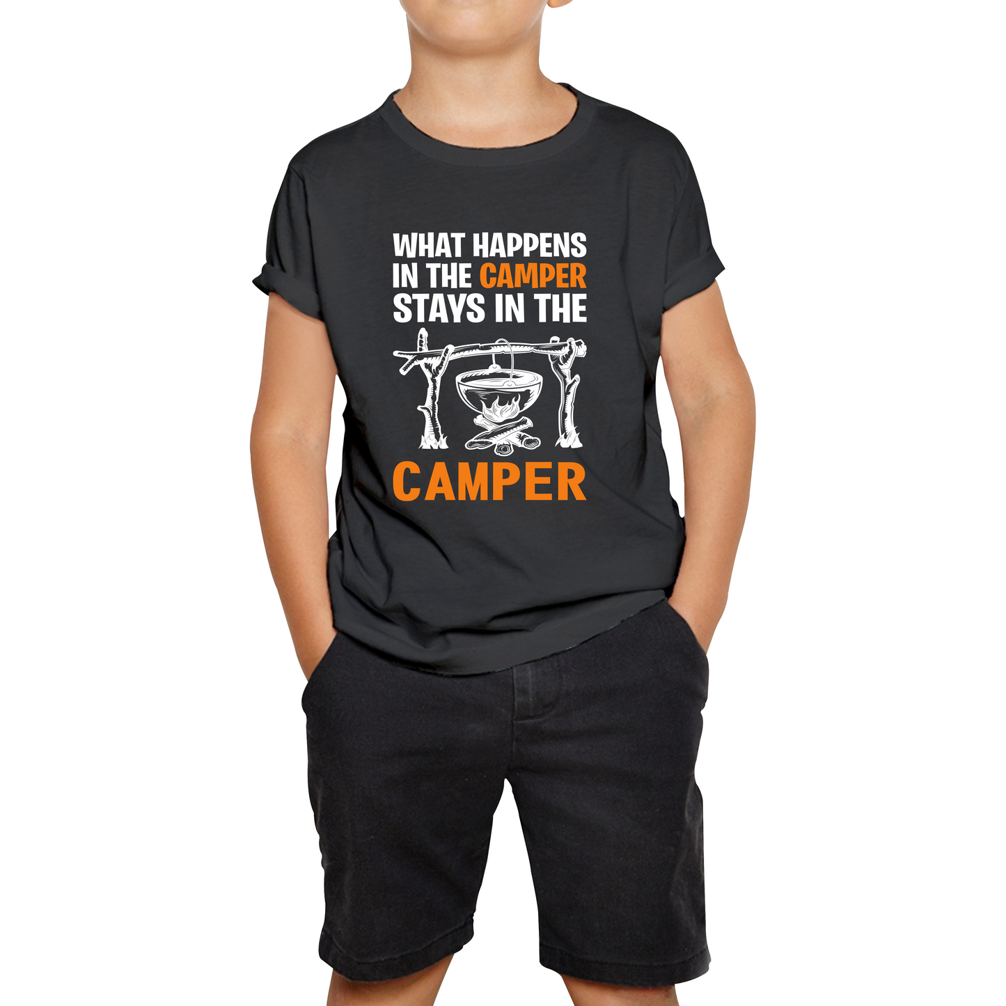 What Happens In The Camper Stays In The Camper Funny Camping Camper Adventure Lover Kids Tee