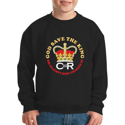 God Save The King CR III King Charles III Coronation 2023 His Majesty British Royal Crown Union Jack Kids Jumper