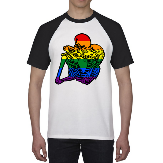 Kissing Skeletons Gay Pride LGBT Gay Skull Halloween LGBTQ+ Rainbow Pride Month Baseball T Shirt