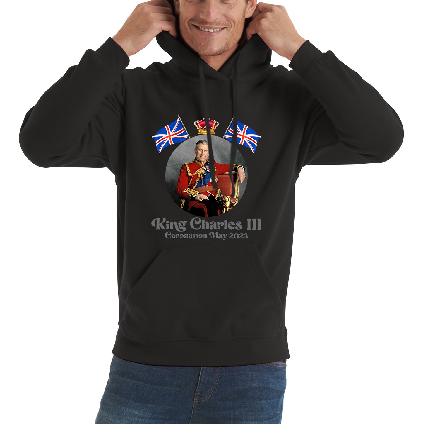 King Charles III 6th May 2023 Coronation British Flags Royal Crown CR III Union Jack His Majesty Unisex Hoodie