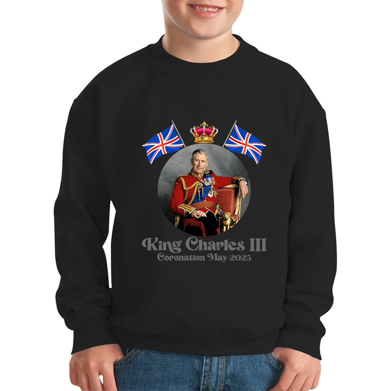 King Charles III 6th May 2023 Coronation British Flags Royal Crown CR III Union Jack His Majesty Kids Jumper