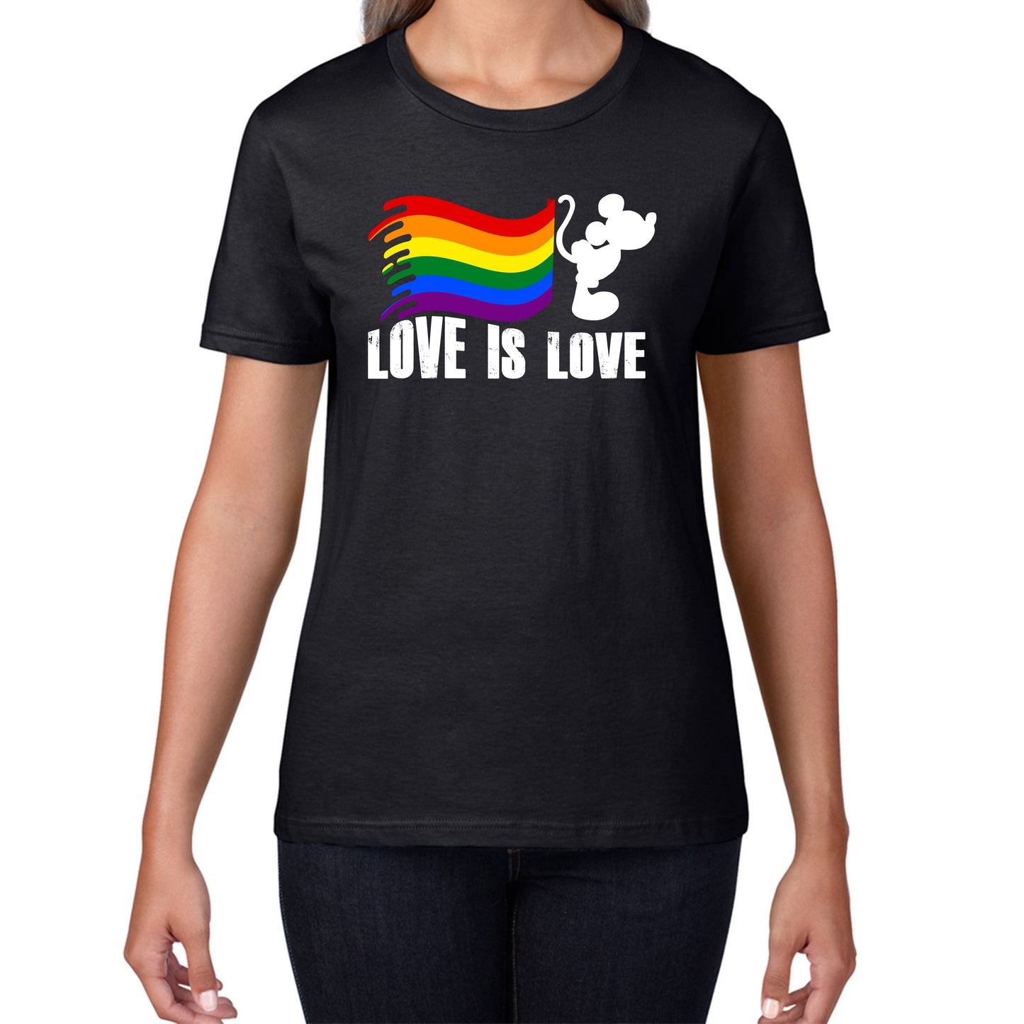 Love Is Love Disney Mickey Mouse Pride Flag Disneyland LGBT Flag Cartoon Pride Womens Tee Top