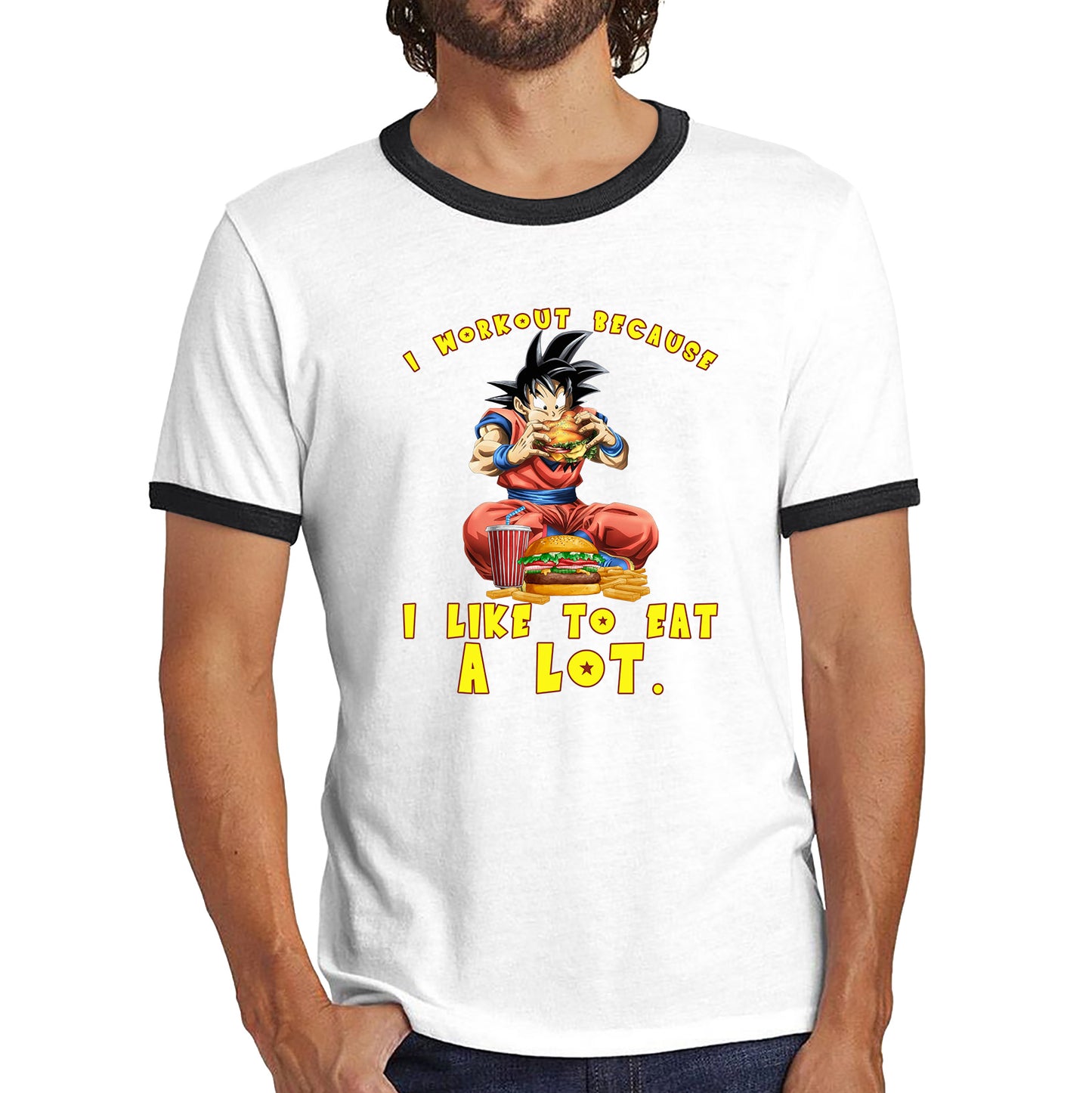 I Workout Because I Like To Eat A Lot Goku Eating A Hamburger Dragon Ball Anime Gym Bodybuilding Workout Ringer T Shirt