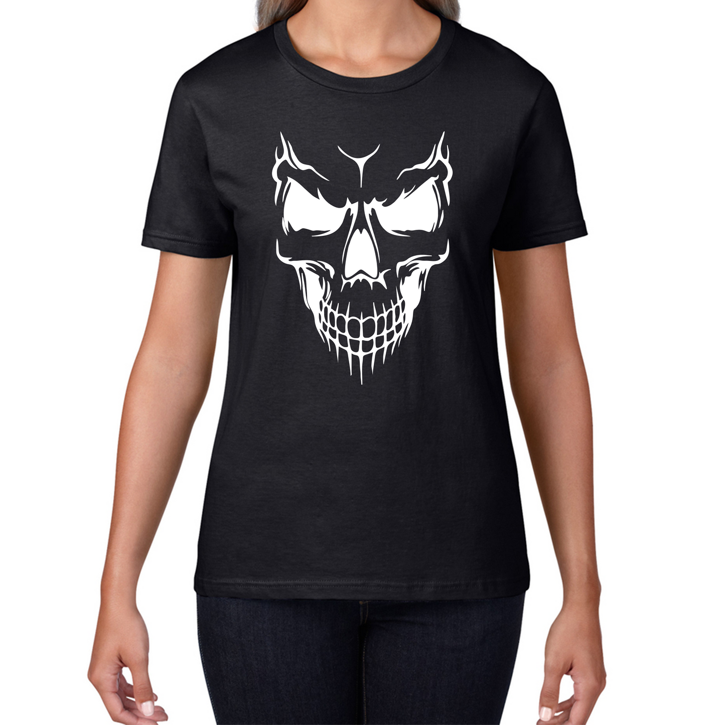 Skull Face Scary Horror Biker Racers Novelty Spooky Womens Tee Top