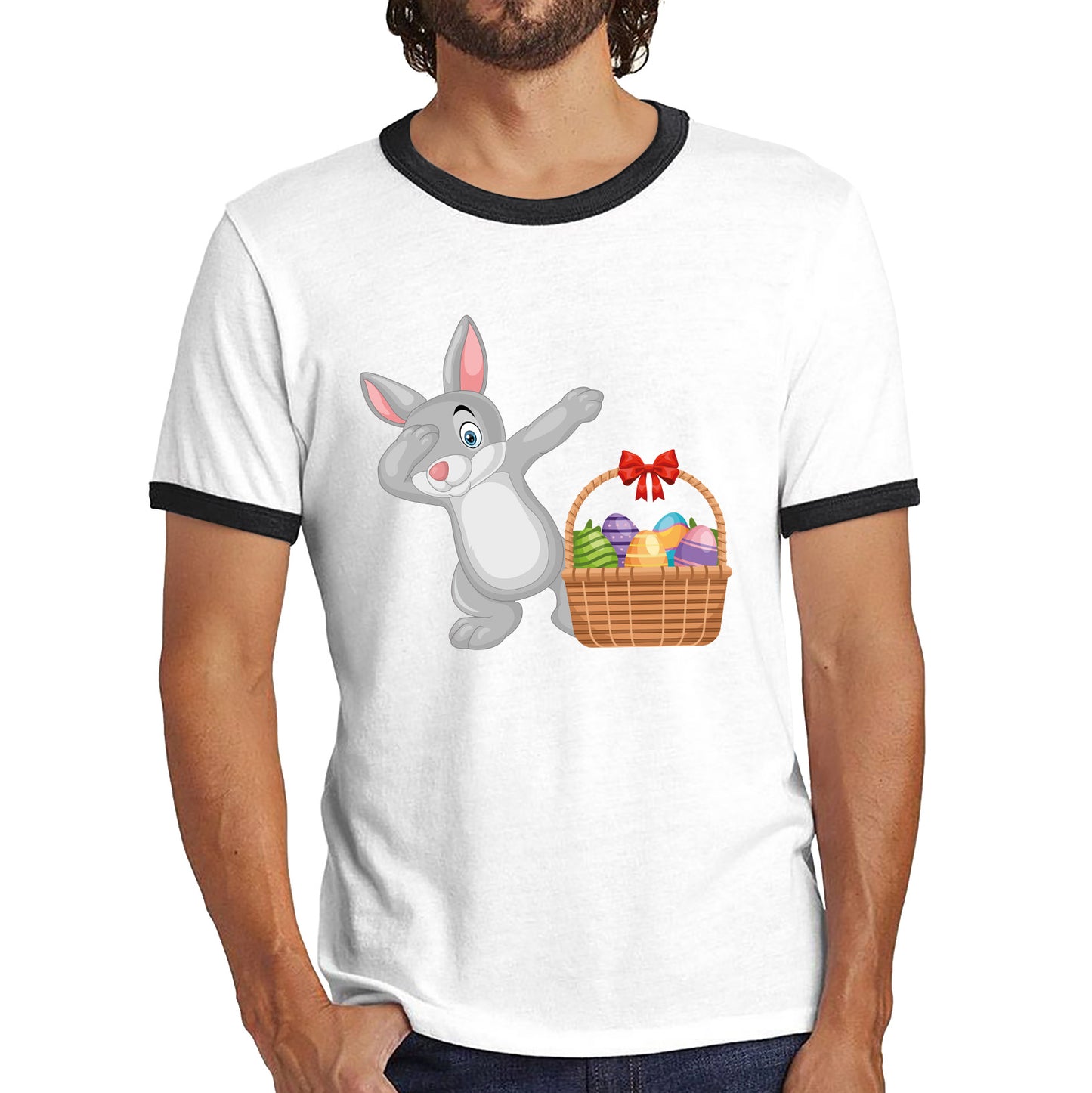 Dabbing Bunny With Eggs Basket Happy Easter Day Cute Rabbit Bunny Easter Day Ringer T Shirt