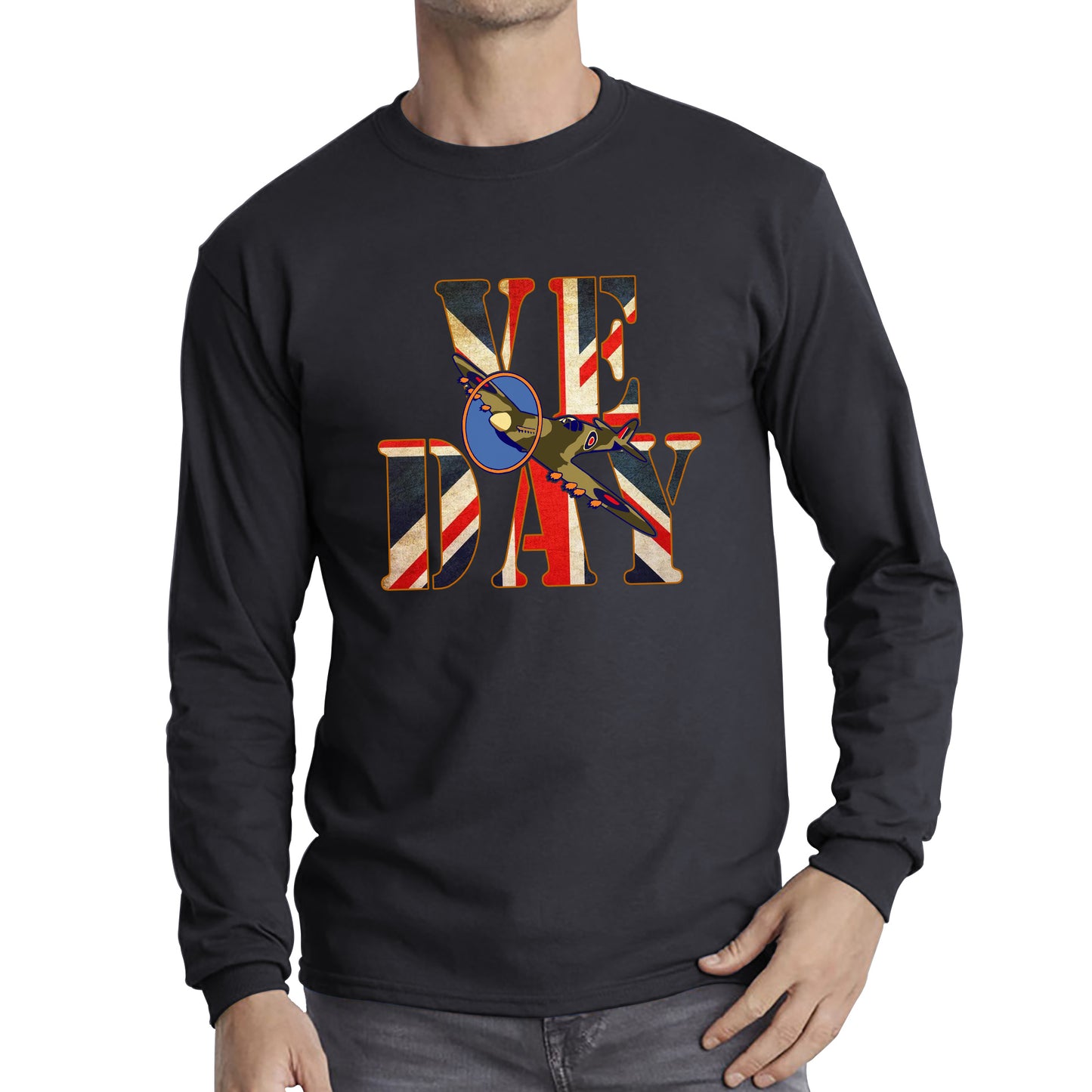 VE Day Victory In Europe Day Remembrance Day British Flag Veterans UK Victory Day 78th Anniversary World War II British Fighter Airplane Long Sleeve T Shirt